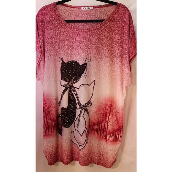 Womens Y2K Red Ombre Flowy Top with Rhinestone Cat Design One Size Whimsical Fun - Picture 3 of 6